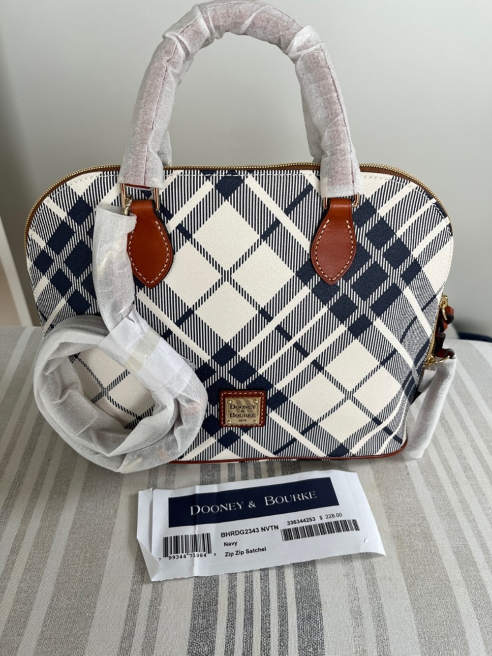Dooney & Bourke Navy Plaid Zip Zip Satchel